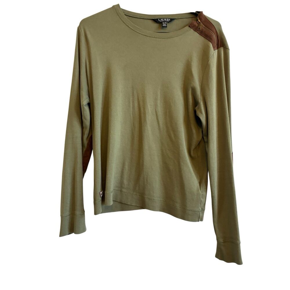 Ralph Lauren Olive Green Long Sleeve Top Suede Elbow Patch Equestrian Preppy XL - Picture 15 of 16
